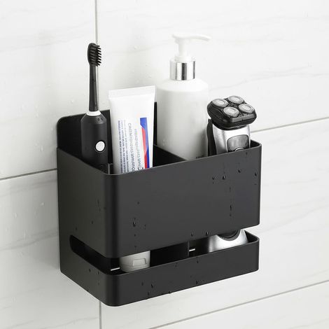 Porta spazzolini da parete senza foratura, organizer versatile per bagno, dentifricio, rasoio, cucina e ufficio, adesivo in alluminio (nero, 2 scomparti) (1/5)