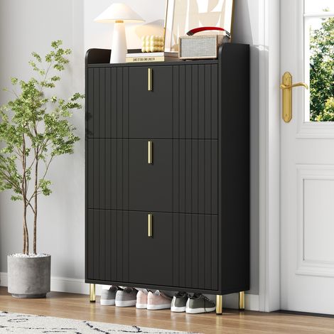 Meuble à chaussures 80x23,5x123,5 cm en MDF noir, gain de place pour entrée FloraGrace (1/5)