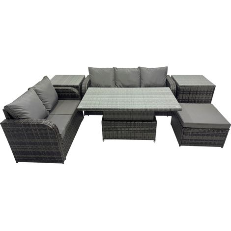 Fimous Rattan Garden Furniture Dining Set 6-seater Patio Height Adjustable Rising Lifting Table Sofa Set with 2 Side Tables Dark Grey Mixed (1/5)