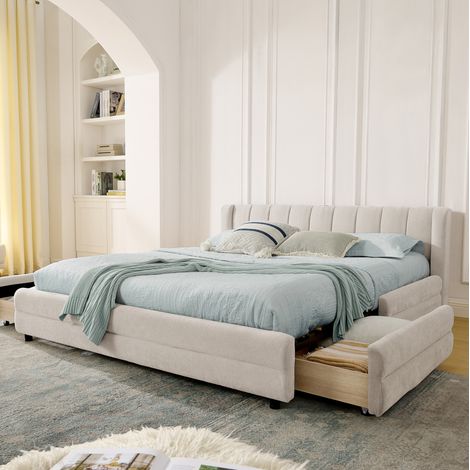 REDOM - Cama doble 140x200 cm con 4 cajones, puerto USB Type C, chenilla beige (Sin colchón) (1/5)