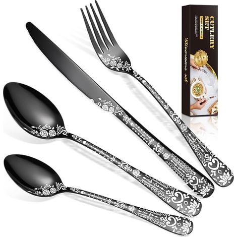 Ensemble de couverts,Couverts de table, Ménagère, couvert titane noires couteaux avec couteau, fourchette, cuillère, passe au lave-vaisselle (1/5)