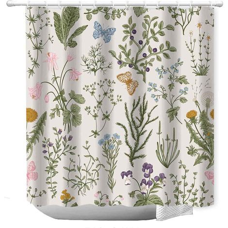 1 rideau de douche, motif floral vintage botanique, vert sauge, imprimé plantes herbes fleurs papillons, salle de bain (1/5)