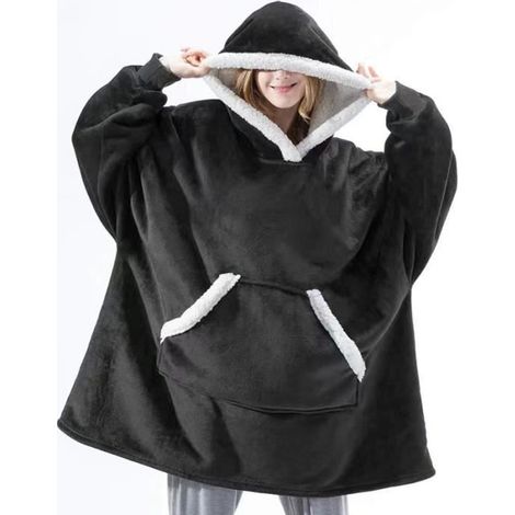 1 pièce Plaid à capuche polaire, pull couverture manches longues avec poche, 118x80 cm, noir, pour hiver et cocooning au canapé