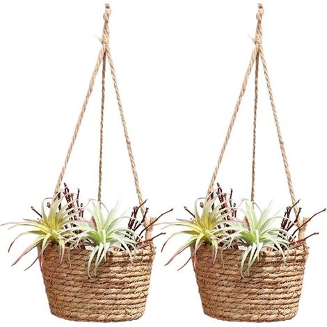 Lot de 2 paniers suspendus en osier – Naturel – Doublure plastique – Intérieur et extérieur – Cache-pot (1/5)