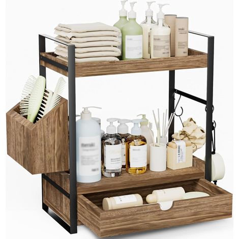 Organisateur de salle de bain à 2 niveaux avec tiroirs, paniers et 2 crochets, organisateur de plan de travail en bois avec structure en métal, étagère à épices multifonctionnelle, étagère de (1/5)