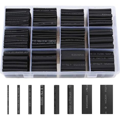 AIPERQ Gaine Thermorétractable 650pcs Tube Thermorétractable Noir 8 Tailles Ratio 2:1 Gaine Thermo Retractable Kit, Noire (1/4)
