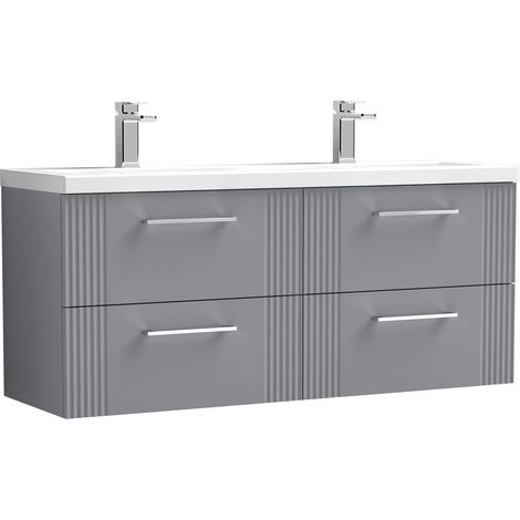Belvide Partial Fluted 4 Drawer Wall Hung Vanity Unit with Double Ceramic Basin - 1200mm - Satin Grey