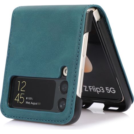Etui Galaxy Z Flip 3 - Cuir PU Vert - Fente Carte - Support Intégré - Compatible Modèle 2021