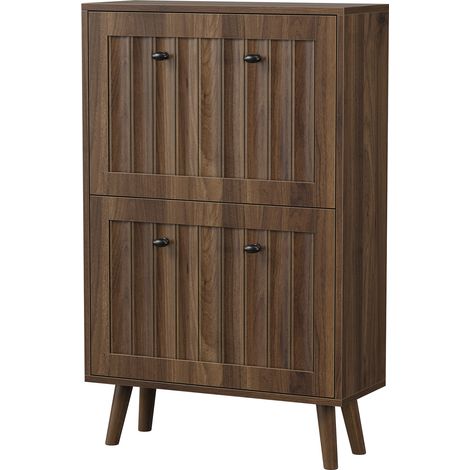 Meuble à chaussures de 60 cm de haut, couleur noyer, meuble vertical de rangement à chaussures avec surface rainurée verticale, style médiéval, adapté aux couloirs, passages et entrées. (1/5)