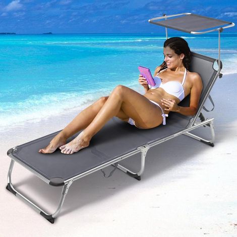 Lettino Prendisole con Tettuccio Parasole Sdraio Mare Grigio Alluminio Pieghevol (1/4)