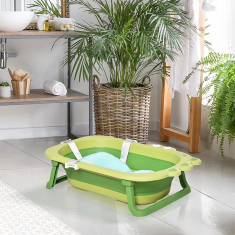 Baignoire pliable pour bébés de 0 à 3 ans avec coussin réglable bleu et pieds antidérapants, 80x53.9x20.8cm, verte (1/5)