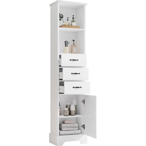 Armadio alto da bagno in MDF laccato 38 x 26 x 172,5 cm con 3 cassetti e ripiani regolabili (1/5)