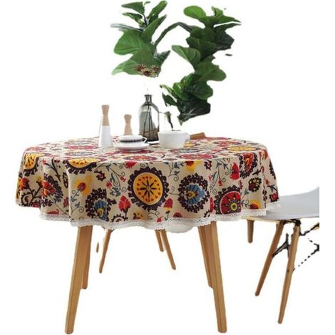 (Diameter 100cm, Sunflower) Cotton Tablecloths Cotton and Linen Tablecloth Sunflower Tablecloth Lace Table Cover Multipurpose Indoor and Outdoor LOY (1/4)