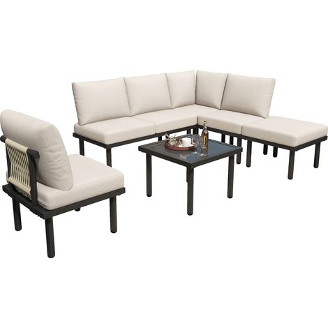 Ensemble de 6 fauteuils lounge de jardin avec cadre en fer galvanisé, mobilier de jardin en corde, corde tressée beige, pieds réglables, plateau en verre lisse, avec tous les coussins d’assise et de d (1/5)