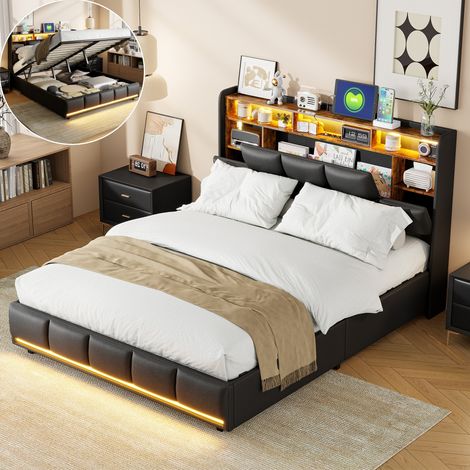 Pergar – Lit coffre 160x200 cm – Rangement hydraulique – Port USB – Bandes lumineuses LED – PU noir – Capacité 300 kg (1/5)