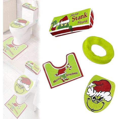 Juego de inodoro Grinch de 4 piezas con alfombrilla antideslizante para el baño, tapa y cubierta elásticas para el tanque. (1/5)