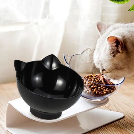 Gamelle Anti-dérapant Double Bols Mangeoires Chat Chien - Nourriture Distributeur Eau Dia. 13cm - Noir & Transparent (1/4)