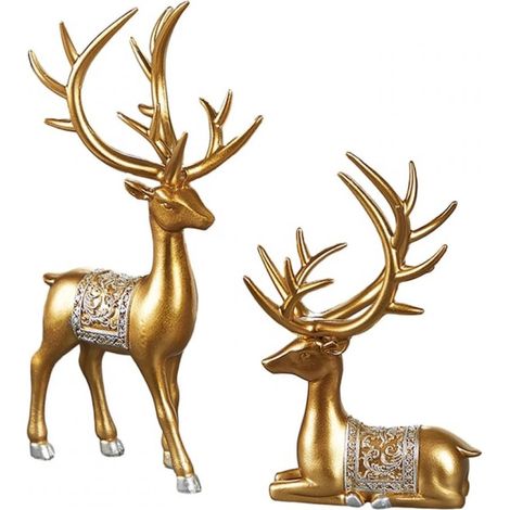 Statuette Renne - Résine Dorée - Décoration Noël Intérieur Extérieur - Lot de 2