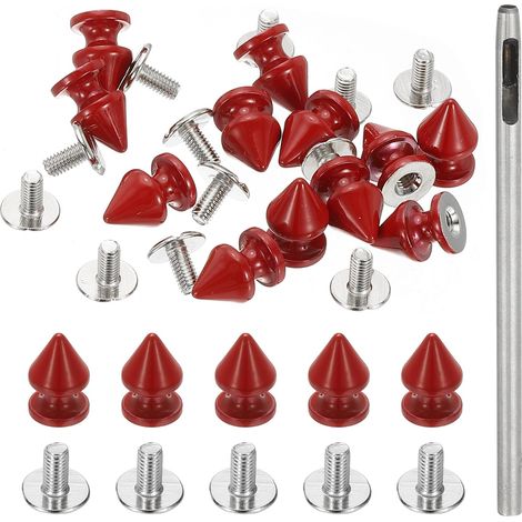 12mm Clous Pour Vêtements, 24 Ensembles Pointes Pour Clous Et Pointes Rivets En Cuir Pointes Métalliques Coniques Vis À Tête Avec Perforateur Pour Veste En Cuir, Rouge Foncé (1/5)