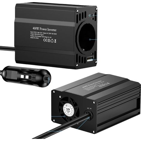 Inversor de corriente para coche, CC 12V a CA 220V, pantalla inteligente, 12V 400W - NEGRO (1/2)