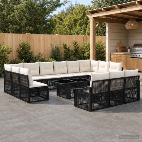 vidaXL Set Divano da Giardino 14 pz Nero e Bianco Crema polyrattan (1/5)