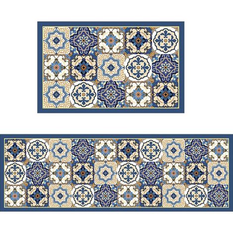 Ede Carreaux floraux bleus de style américain, 40-20 cm (terre de diatomées). Tapis de sol spécialement conçu pour la cuisine : résistant aux taches, facile à nettoyer, à séchage rapide, en terre de d (1/5)