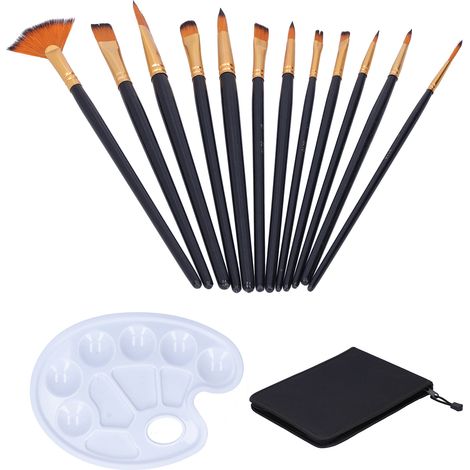 12Pcs Paintbrush Nylon Fiber Art Brush Watercolor Oil Painting Set with Pack and PaletteTYP317  Black (1/5)