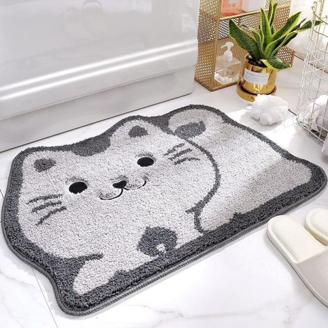 Tapis de bain animal mignon, absorbant, en microfibre, antidérapant, doux, à poils longs, lavable en machine, 50 x 80 cm, motif chat (1/4)