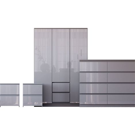 Glinton 4 Piece Bedroom Set (2 Drw Bedside x2, 8 Drw Chest, 3 Dr 2 Drw Wardrobe), Grey (100% FSC) (1/4)