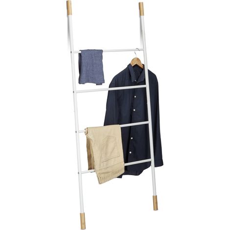 Relaxdays Metal Towel Ladder Rack, 4 Rungs, Freestanding Leaning Laundry Holder, Bamboo, HWD: 150x70x2cm, White (1/5)