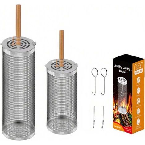 Set of rollable and stackable grilling baskets (with wooden handle, 2 pieces), portable rollable grilling baskets, accessories for grilling vegetables and fish outdoors (1/4)