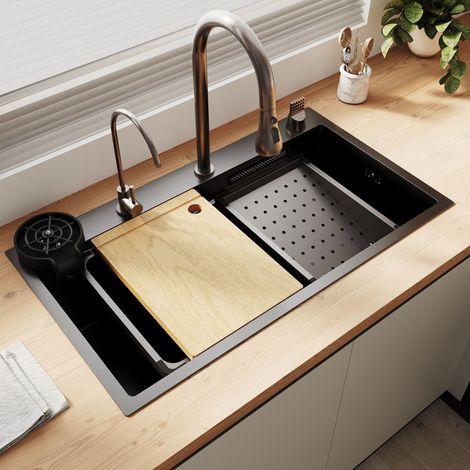 SIRHONA Évier 1 bac inox noir 304 à large rebord, texture 3D grain de riz, 80x45 cm, robinet intelligent et rince-verre intégrés, égouttoir et bac inclus