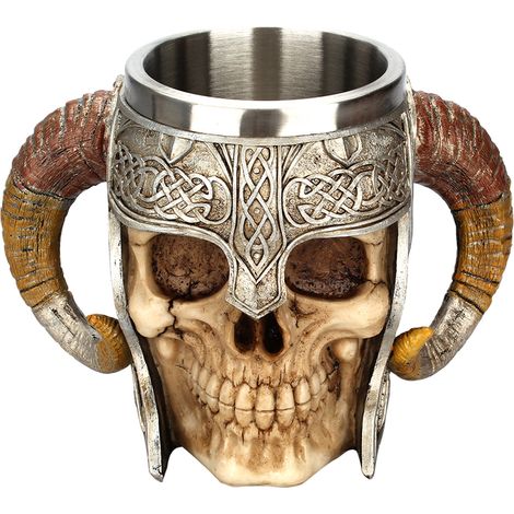 Jarra de cerveza con forma de calavera y dos asas, 550 ml, acero inoxidable, ideal para café o agua en la oficina, en casa, en un bar o restaurante. El regalo perfecto para Halloween. (1/5)