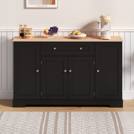 Küchensideboard mit 4 Türen und 1 Schublade sowie integriertem Gewürzregal im schicken Stil – 138 x 40 x 85 cm – MDF-Holz, schwarz (1/5)