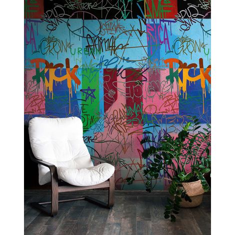Papier peint intissé Graffiti Bleu, Multicolore, Jaune, Vert, Rose - 1,59 x 2,8 m (1/3)