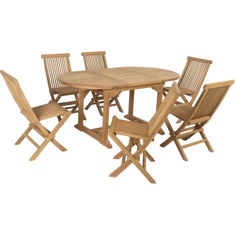 Sala da pranzo da giardino in teak: un tavolo allungabile L.120 / 170 cm e 6 sedie pieghevoli Naturale chiaro - BYBLOS II di MYLIA