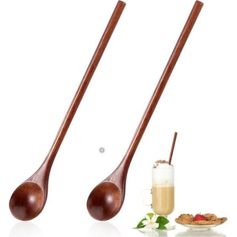 Lot de 2 cuillères à long manche en bois de 20 cm - Cuillères à miel en bois - Cuillères à café longues - Pour café,(marron foncé) (1/4)