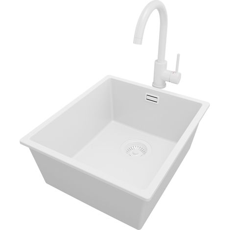 PRIMAGRAN Evier Cuisine en Granit 41x47cm, Lavabo 1 bac + Robinet 32x20cm + Kit de Vidage, Évier à Encastrer au meuble 45cm - London Slim, Tout Blanc (1/5)