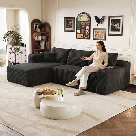 Canapé d'angle 3 places 241 cm, canapé 3 places tissu en velours côtelé noir, canapé 3 places salon modulaire avec méridienne en L, assise profonde, sans montage, livré en 2 colis, 36,9 kg