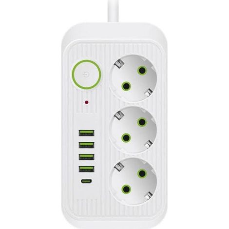 Regleta de 3 enchufes con interruptor, cable de 2 metros, protección contra sobretensiones y cortes de luz (blanca) (1/5)