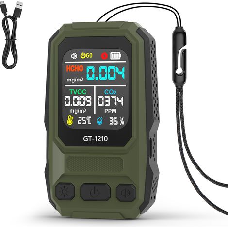 5-in-1 Luftqualitätstester: Misst Kohlendioxid, HCHO, TVOCs, Temperatur und Luftfeuchtigkeit, wiederaufladbar, akustische und optische Warnsignale, großes hintergrundbeleuchtetes Display, tragbar für (1/5)