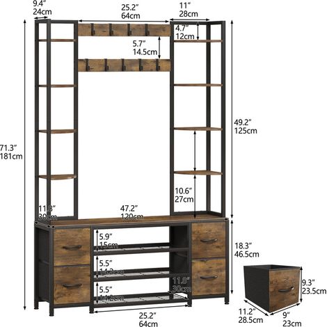 Large 5-in-1 Entryway Hall Tree with Bench & Coat Rack, 9 Movable Hooks, 4 Storage Drawers, 8 Corner Open Shelves, 3-Tier Shoe Rack, Industrial Style for Home, Living Room & Hallway (1/5)