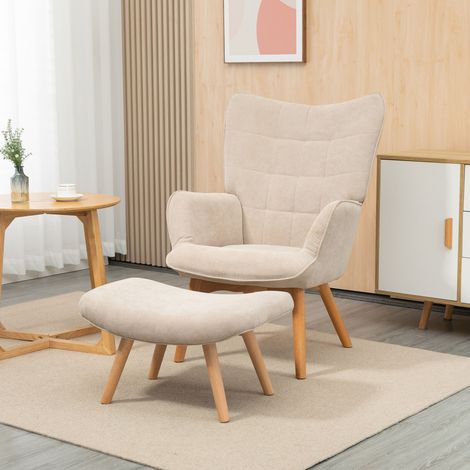 Sessel mit Fußstütze, hoher Rückenlehne, Holzbeinen und Bezug in Cordoptik, für Wohn- oder Schlafzimmer, beige