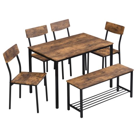 Ensemble repas industriel bois acier, table, chaises et banquette cuisine