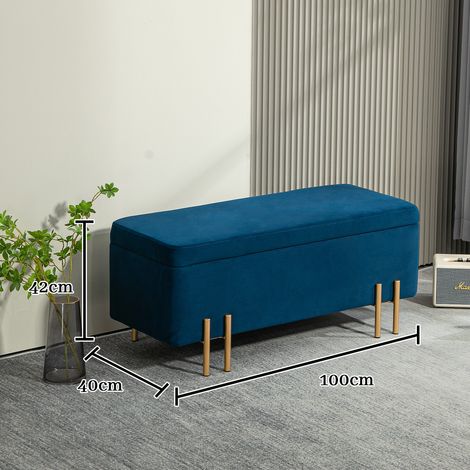 Banque assise avec rangement intégré, coffre en tissu et métal, bois d'hévéa, mousse, bleu marine, 100 x 40 x 42 cm, banc rembourré pour entrée ou salon. (1/5)