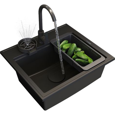 Évier de Cuisine en Granit Noir FOXAL avec Robinet, Douchette, Égouttoir Télescopique et Siphon Doré – Ensemble Complet (1/5)