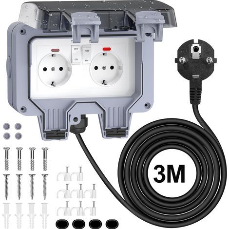 IP66 Double Outdoor Socket with Switch, 3M Cable, Hinged Cover for Garden, Terrace, Garage (1/5)