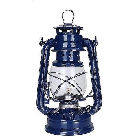 Lanterne portable vintage à pétrole, lampe à pétrole classique portable de 25 cm, lampe à pétrole rétro, lampe de camping bleue (1/4)