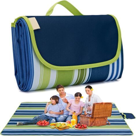 Wasserdichte Picknickdecke – geeignet für draußen, Strand, drinnen usw. – 1 Stück, dunkelblaue Streifen / 145 x 200 cm (1/4)