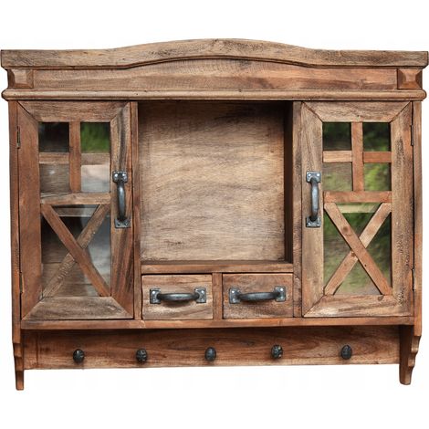 Armoire murale en bois massif rétro avec tiroirs et crochets – Hauteur 63 cm, largeur 75 cm, profondeur 17 cm – Assemblée, style campagnard (1/5)